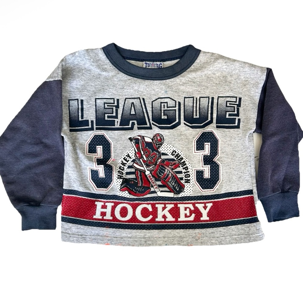 Vintage Top Tag Hockey League Kids Sweater Grey Blue Red Goalie 1990s 2000s Y2K